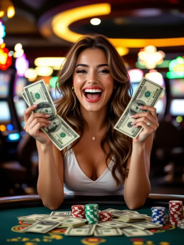 Happy woman celebrating a big win at Skycrown Casino